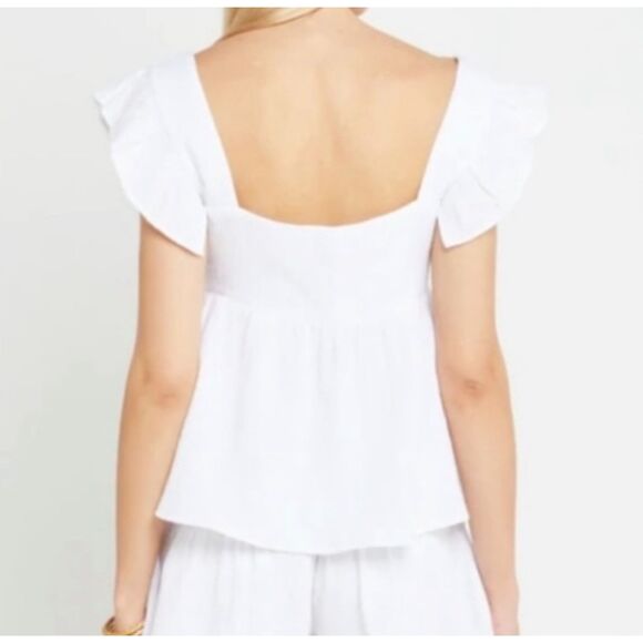KOURT Babydoll Cropped Cotton Gauze Flutter Sleeve Top, White, Sz. M - Picture 2 of 6